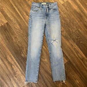 Madewell Blue Straight Leg Jeans with Distressed Detail